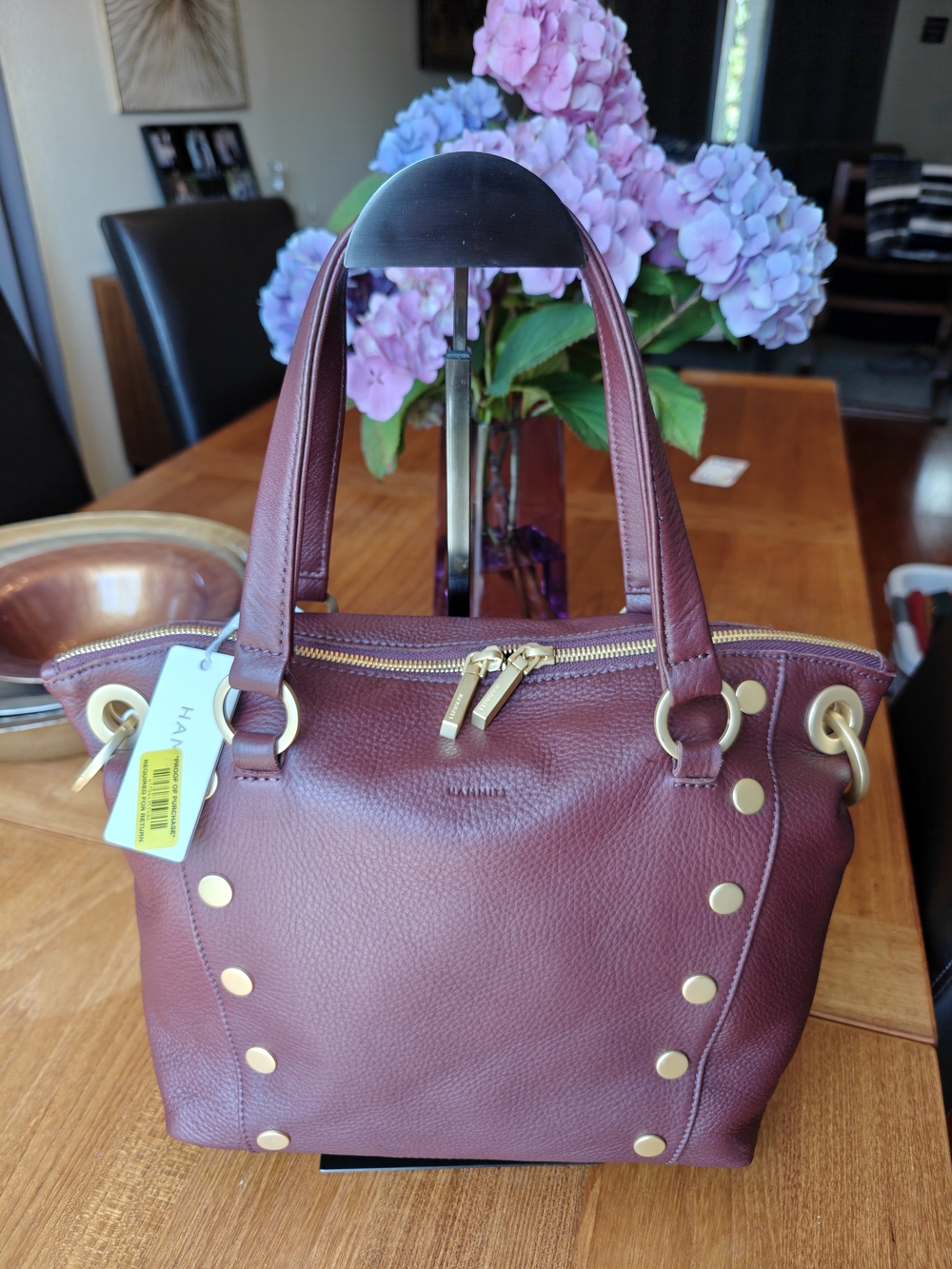 Handbag - Burgundy Leather Tote with Gold Accents